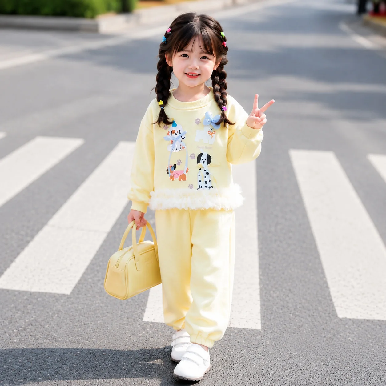 Autumn Children Girl 2Pcs Clothes Set BELLBELL 2-12Y Girl Dog Print Lace Hem Pullover Suit Toddler Girl Straight Pant Tracksuits