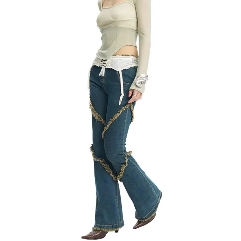 2025 Autumn New Dark Blue Slightly Stretch Slimming Burr Splicing Women's Flared Pants Vintage Design Versatile Jeans Ladies