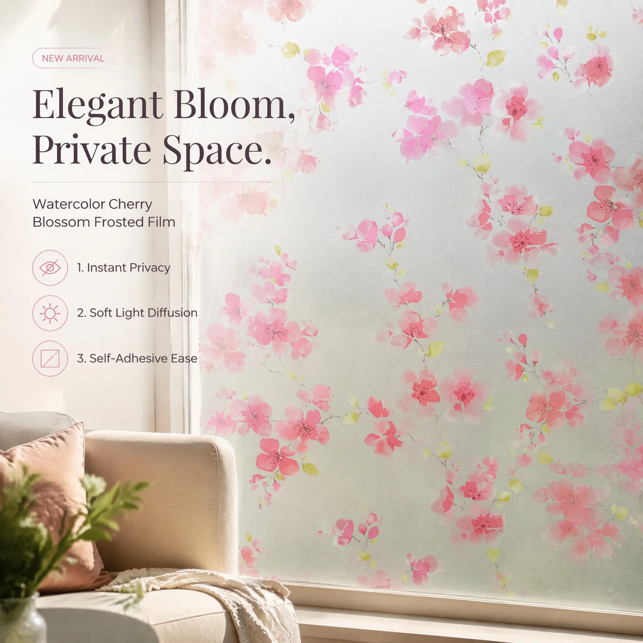Soft Watercolor Cherry Blossom Privacy Window Film Built-in Adhesive Gentle Light Diffusion Cuttable PVC for Romantic Pastoral