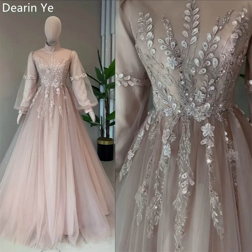 

Evening Gown Prom Dearin High Collar A-line Floor Length Skirts Draped Layered Tulle Applique Beading Bespoke Occasion Dresses S