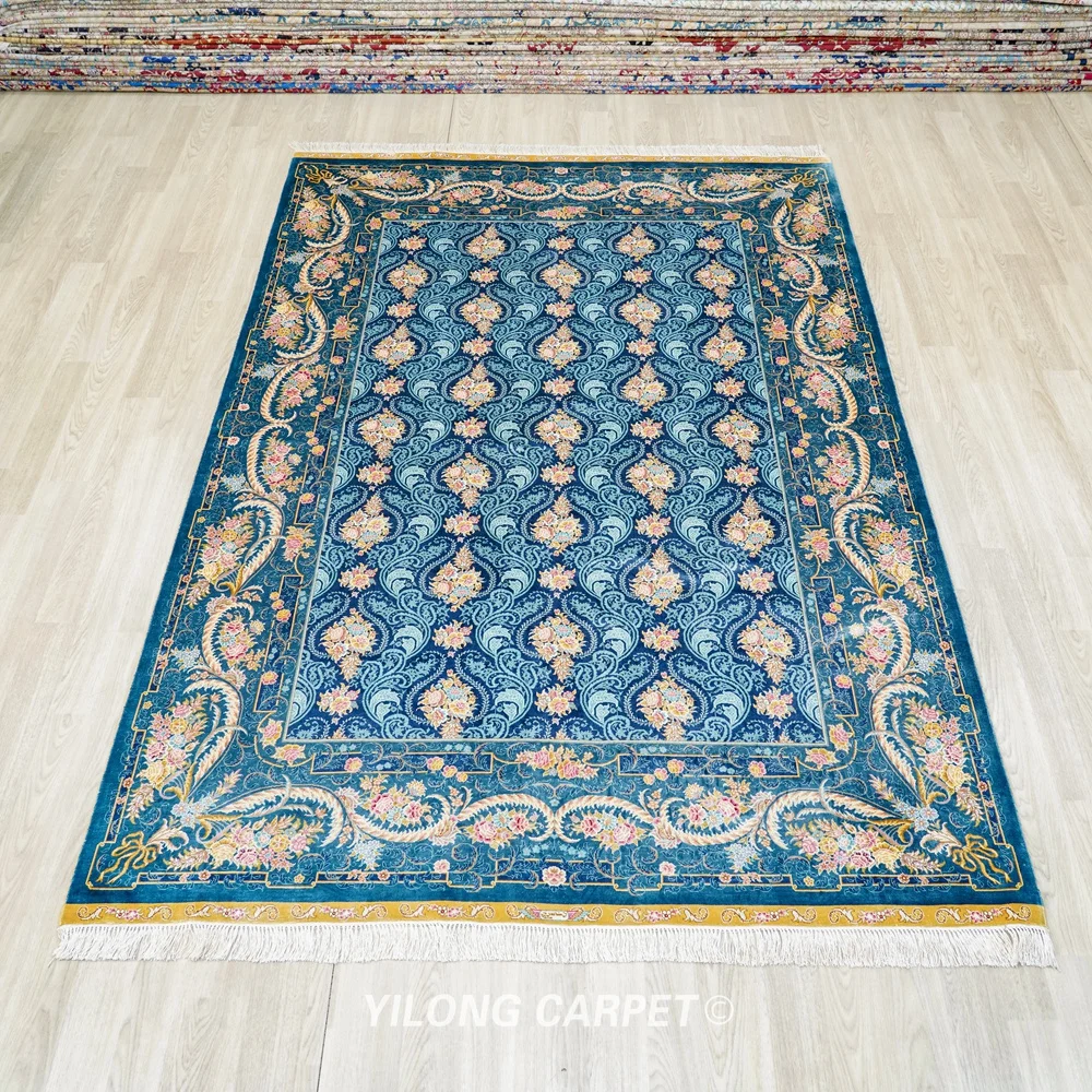 168x244cm Hand Knotted Silk Persian Rug Blue Durable Hereke Carpet (YL0203A)