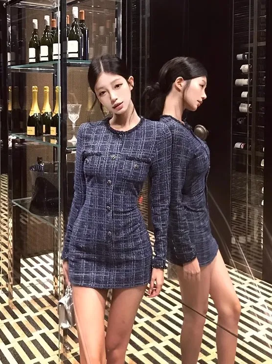 

Little Fragrance Style Long Sleeve Plaid Dress Women's Early Spring Inner Wear Elegant Sexy Slim Fit Base Layer Skirt