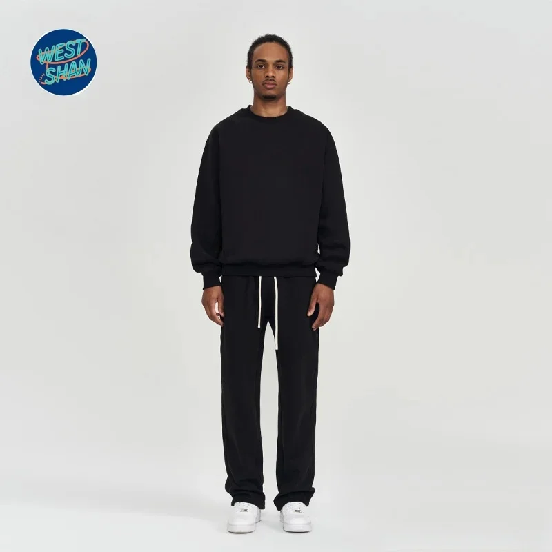 WESTSHAN Top Quality EU US Size Autumn Winter  Fleece Thick Sweatshirt Men Round Neck Solid Color Loose Fit Jogger Pants Set