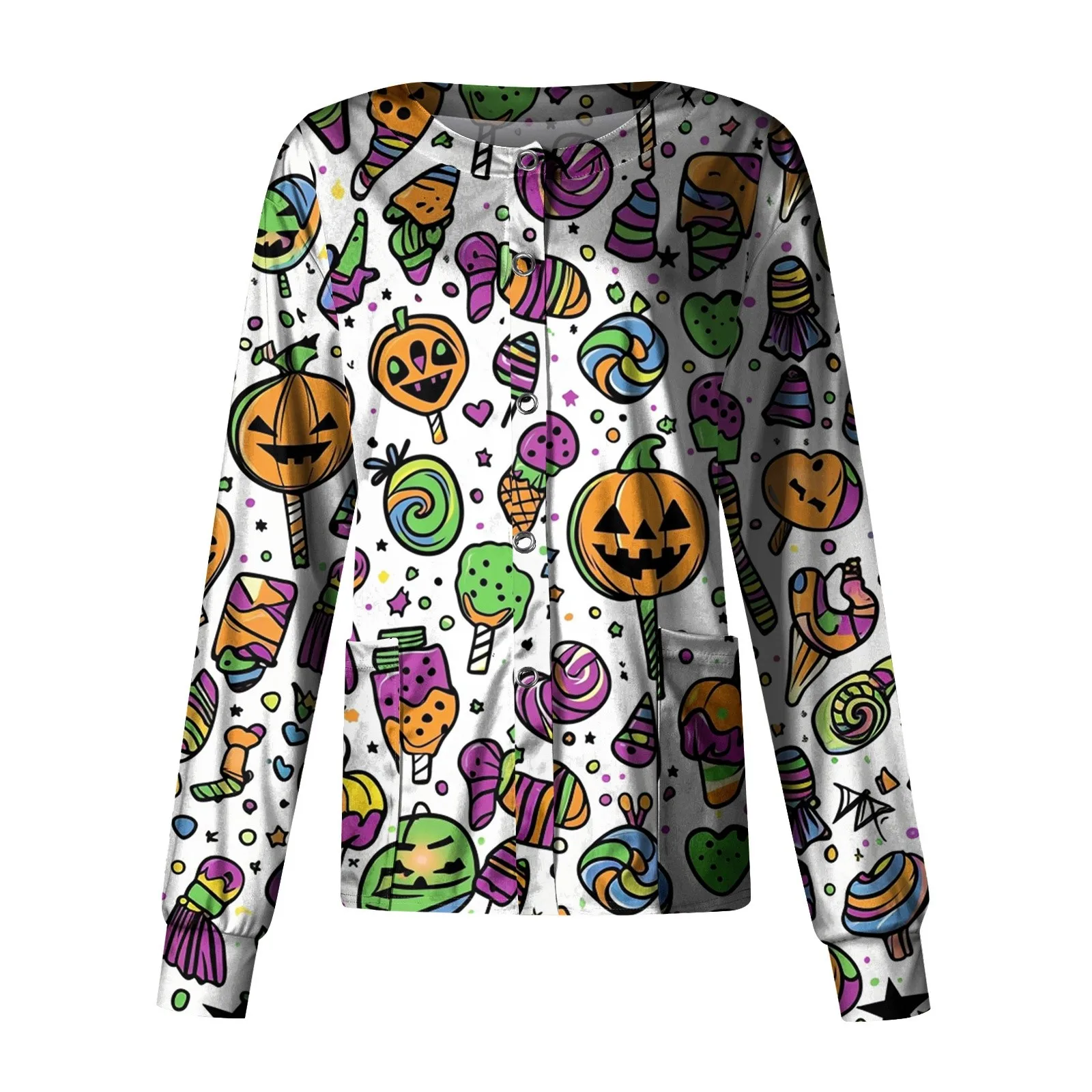 Jaket Overall Pelindung Berkerah Tunggal Motif Halloween untuk Wanita, Lengan Panjang, Berkantong, Seragam Kerja Perawat