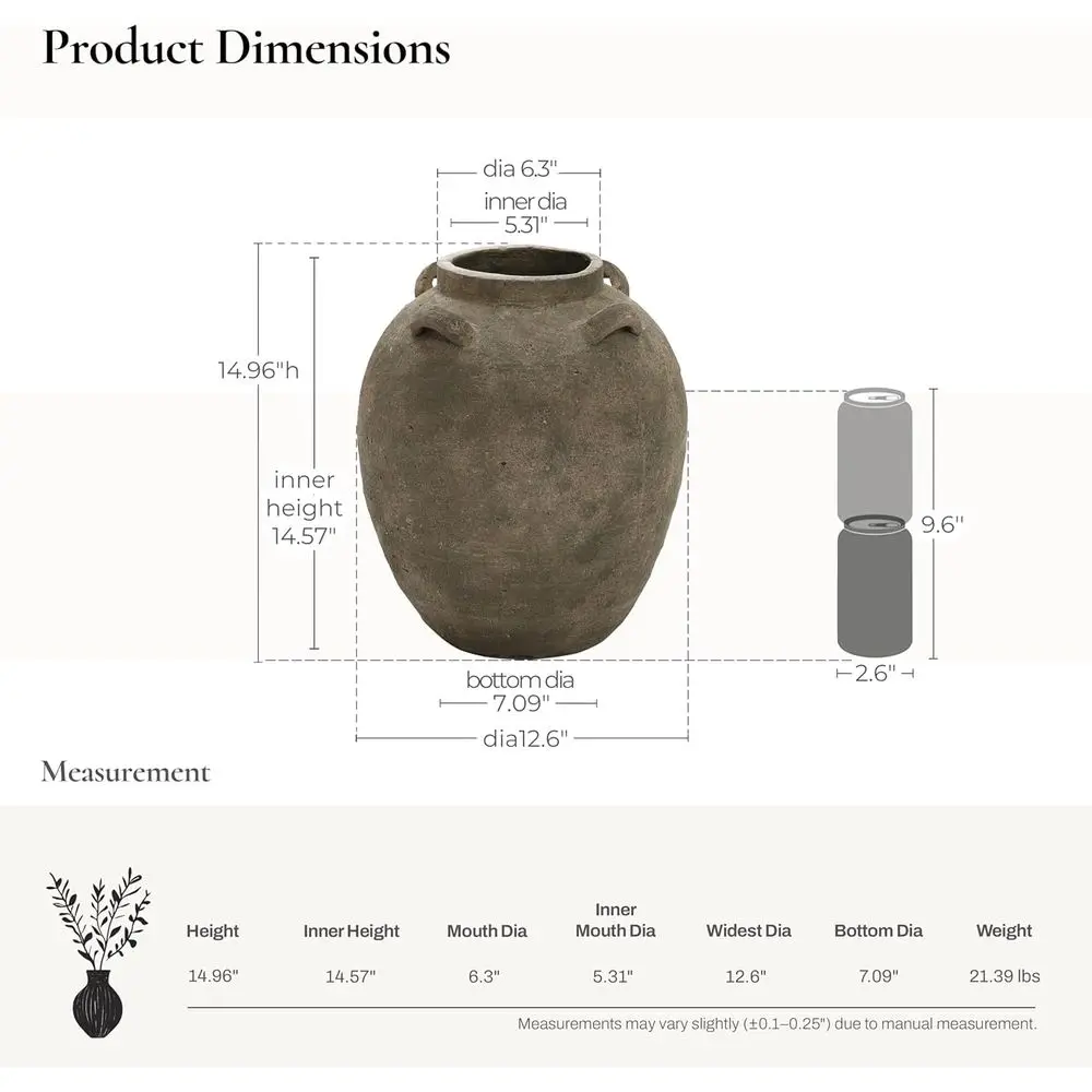 LuxenHome Rustic Ceic lower Vase,15 Inch Tall Brown Terracotta Vases | Terracotta Cauldron Vase or Living Room Decor, Large loor