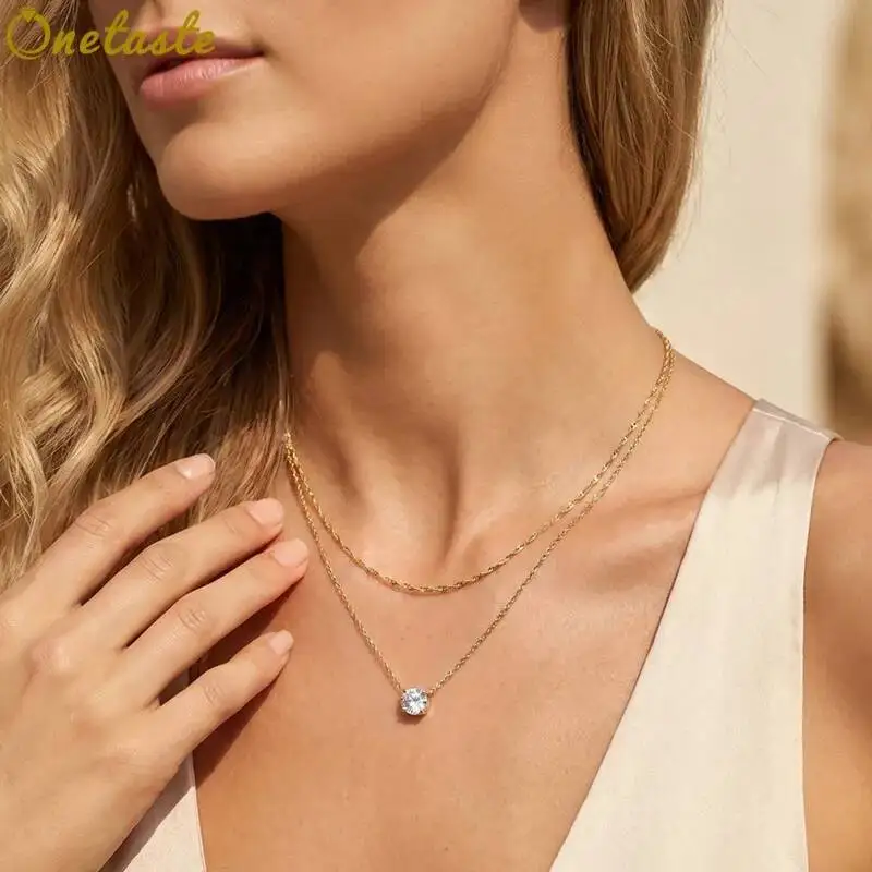 925 Sterling Silver Double Layer Sparkling Slim Chain Cubic Zirconia Charm Choker Necklace Women Lightweight Trendy Dainty Gift