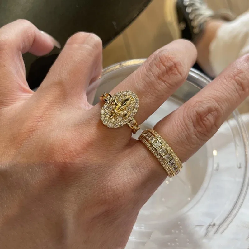 3-teiliges Modisches Kubisches Zirkonia Hohlketten-Offener Kupferring-Set für Frauen Vintage Statement-Ringe Party-Schmuck Geschenke – Detail 2