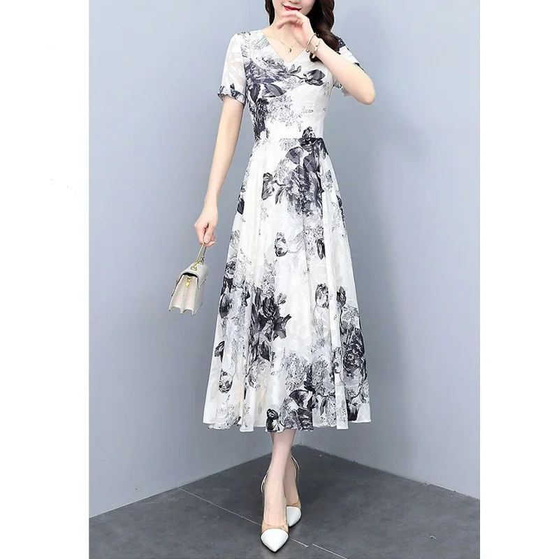 2023 New Summer Fashion Chinoiserie Retro Art V-neck Ink Wash Print Waist Tight Slim Cover Belly Temperament Commuter Dress