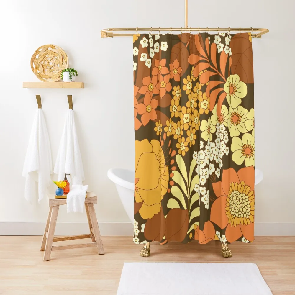 

Brown, Yellow, Orange & Ivory Retro Flowers Shower Curtain Anime Shower For Bathrooms Curtain