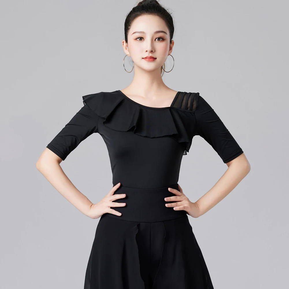 新しいラテンレッド女性のトップブラックサンバ半袖蓮の葉襟シャツ新しいパフォーマンス練習服