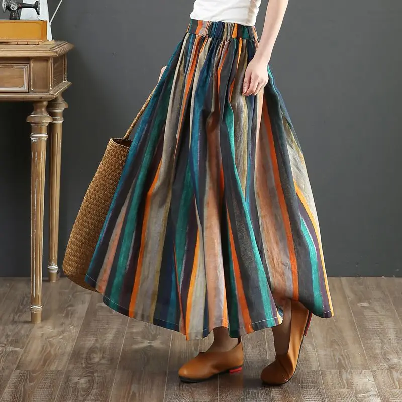 

New cotton and linen versatile A-line skirt loose artistic style striped printing and dyeing medium long pleated skirt for women