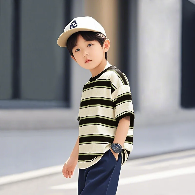 2025 Summer Style Children's Short Sleeved Retro Striped Short Sleeved Baby Stylish Half Sleeved T-shirt Trend