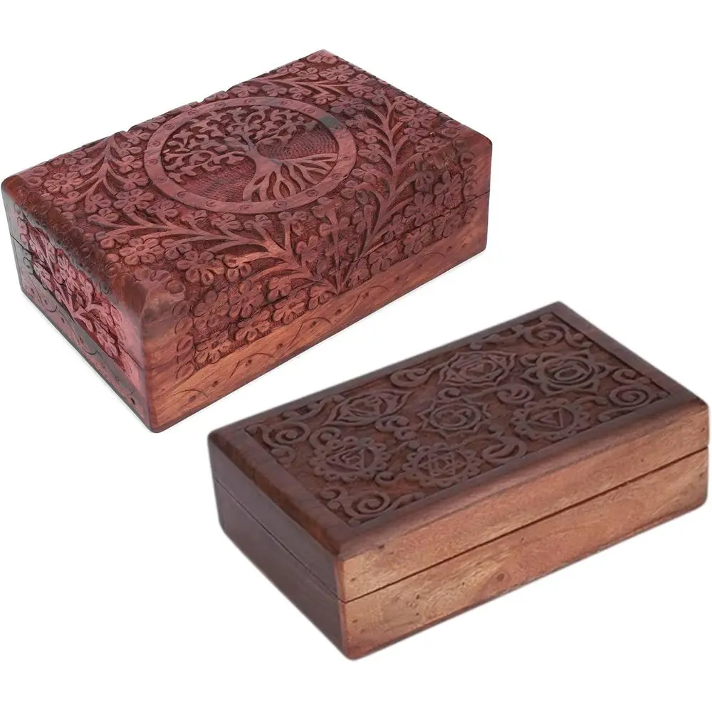 

Деревянный декоративный сундук для хранения 8 x 5 дюймов, коричневый, с изображением Древа Жизни и 7 чакр - многофункциональный, для хранения украшений, часов и т.д.