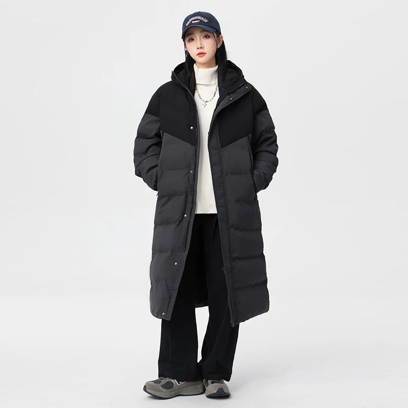 New Long Cotton-padded Parkas Winter Color Matching Long Thickened Hooded Couple Clothes Extended Loose Parkas