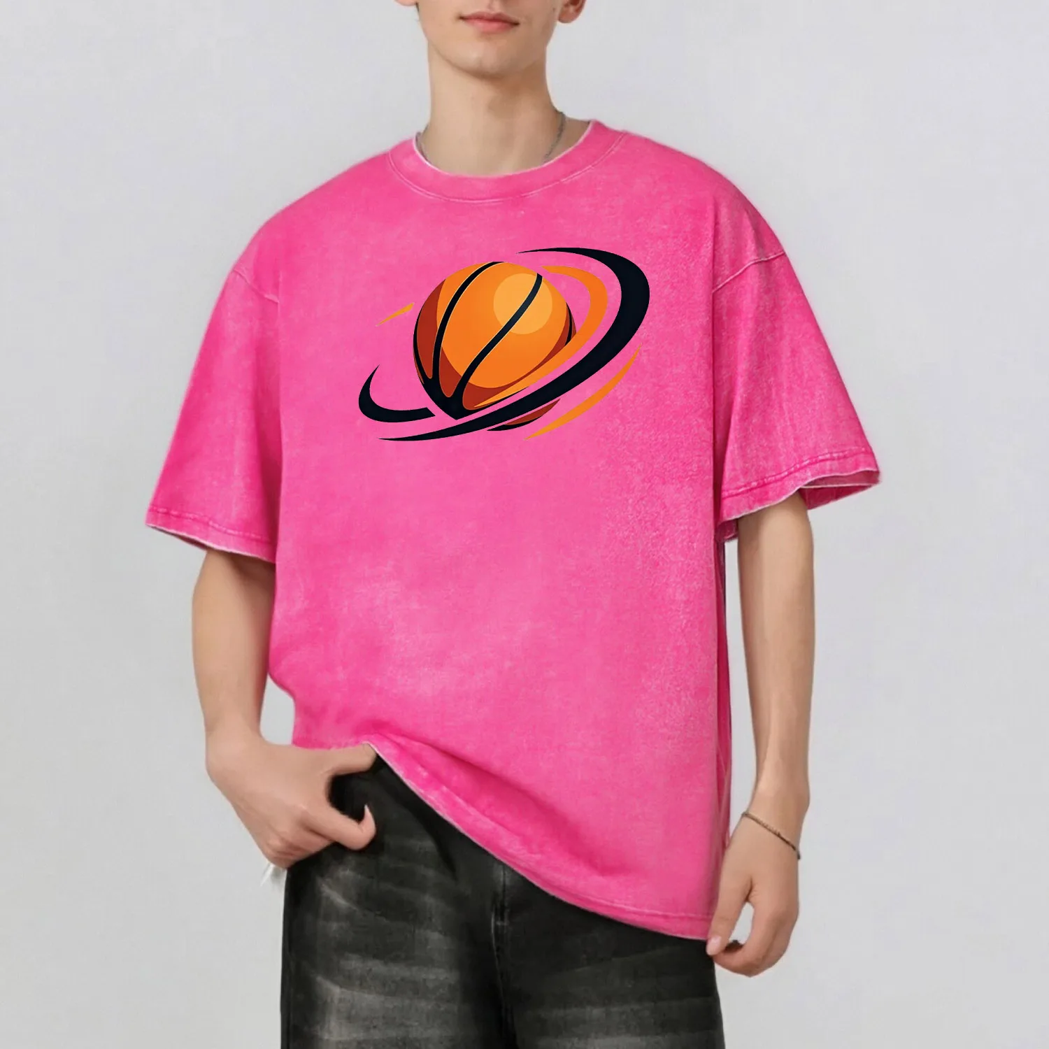 

Super-Energy Basketball Graphic Print Fashion Retro Style Washed T-Shirt Casual Short Sleeve 100% Cotton Unisex Top 230G