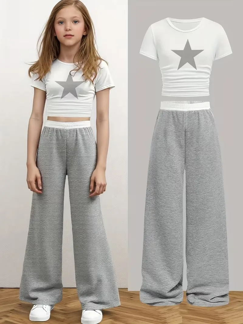 Star Print Girls 2 Piece Pants Set White Ruched Crop Top & Grey Wide Leg Pants Cute Casual Outfit