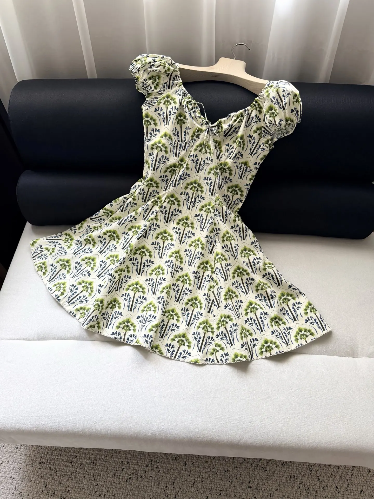 2026 Women Summer Print Fashion Dress V-Neck Puff Sleeve High Waist Casual Female Cotton Mini Robe