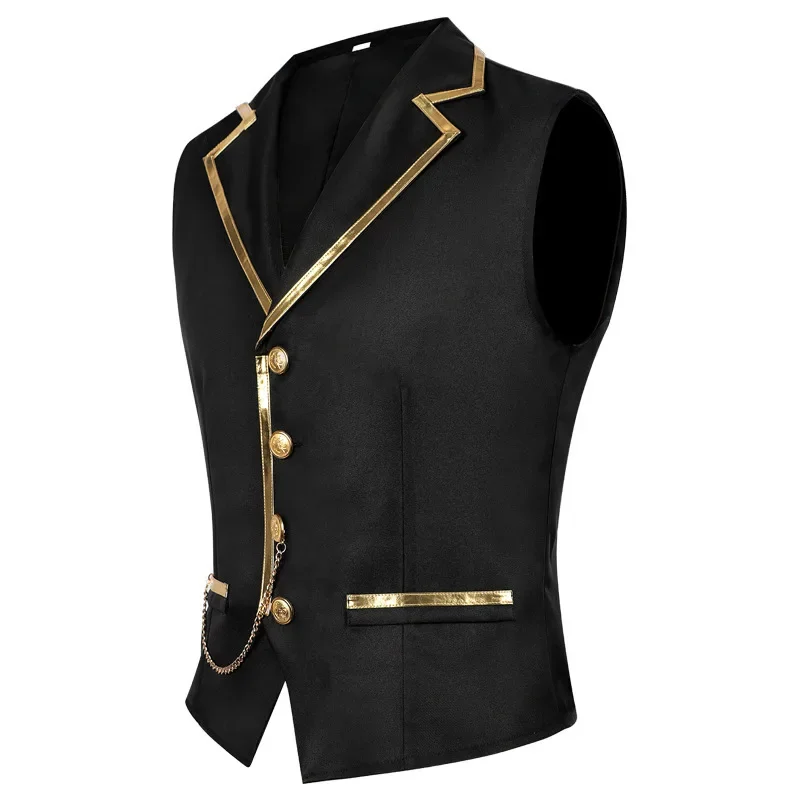 Herren-Satinweste in Schwarz mit Goldbesatz und Kette, elegante, figurbetonte Weste für Smoking, geeignet für Hochzeiten, Partys, Abschlussbälle und Bankette. – Detail 11