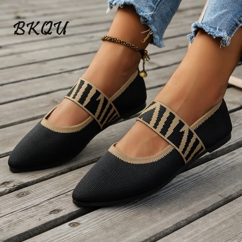 

BKQU Brand 2024 Summer Woven Technology Breathable Trend Flat Shoes Women Color Matching Ballet Loafers Mule