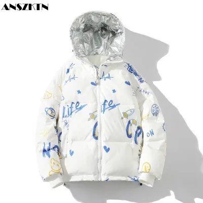 ANSZKTN Men Winter print trend men's hooded puffer padded coat couples casual graffiti bread down jacket