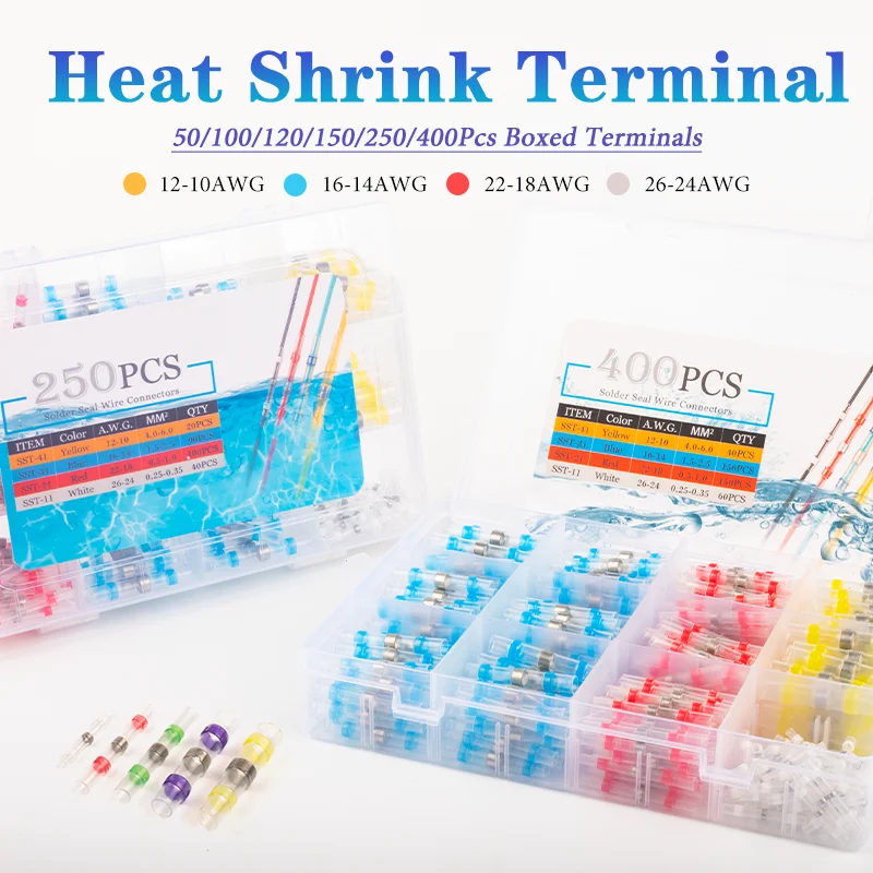 50/100/120/150/250/400Pcs Boxed 26-10AWG 0.25-6mm Waterproof Solder Seal Sleeve Splice Terminals Heat Shrink Tin Butt Connectors