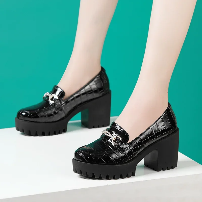 Black patent leather rhinestone 8cm high heels Women autumn Waterproof Platform Thick Sole Model Cheongsam Show Leather Shoes