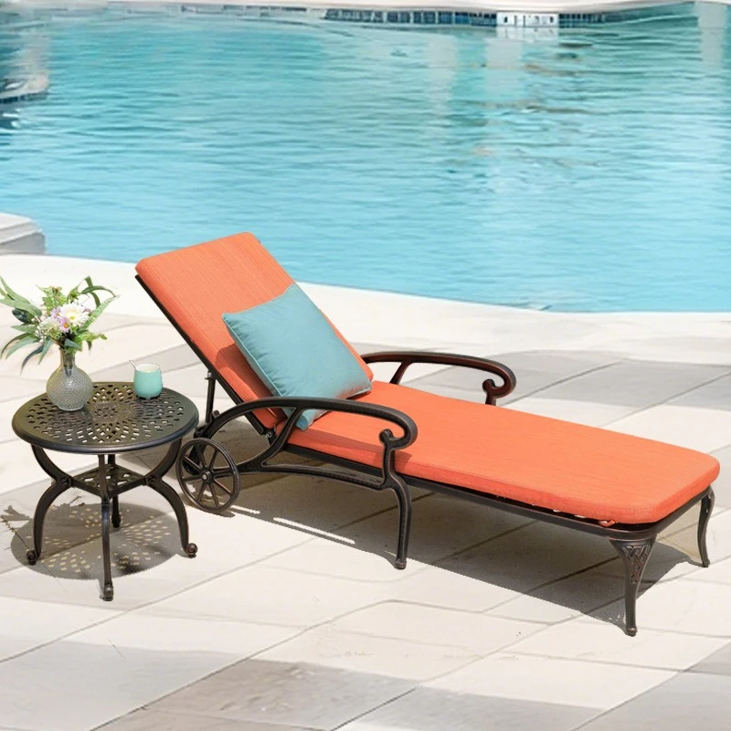 Outdoor terrace leisure bed, beach seaside lounger, with wheels, cast aluminum, bed three-piece set