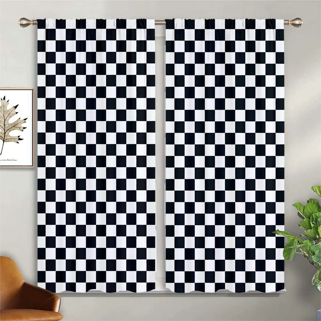 Minimalist Wind Black & White Color Striped Check Curtains 2 Panel Modern Home Living Room Bedroom Balcony Decorative Curtains