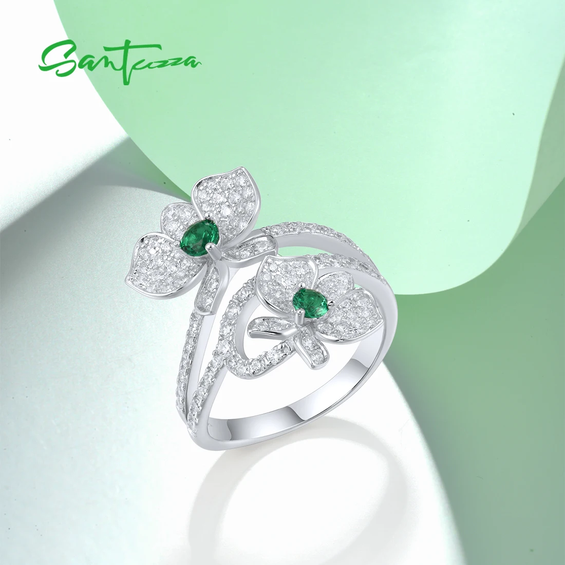 SANTUZZA Pure 925 Sterling Silver Rings For Women Sparkling White CZ Green Spinel Flower Wedding Engagement Party Fine Jewelry
