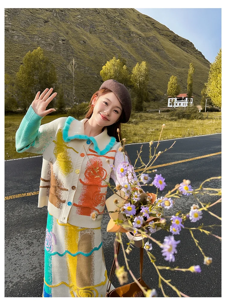 Cardigan tricoté à col rabattu coloré, pull taille haute, amincissant, jupe mi-longue, nouvelle collection printemps et automne 2025