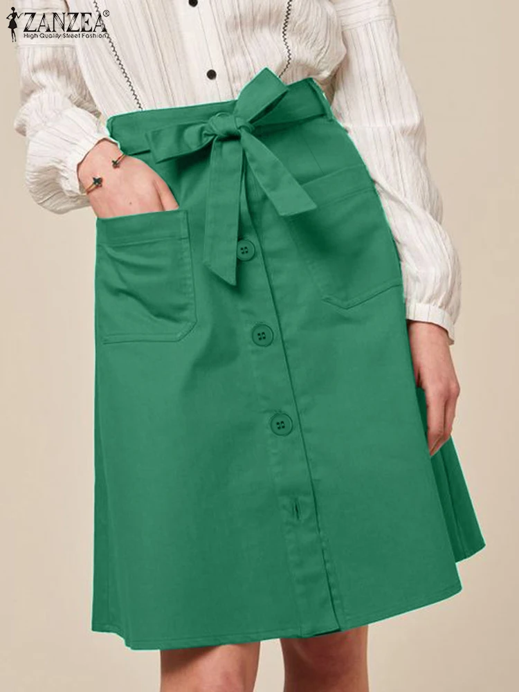 

ZANZEA Fashion High Waist Knee-length Skirts Women Elegant Button Up Belted Faldas Commute Solid Jupes Office Lady A-line Skirt