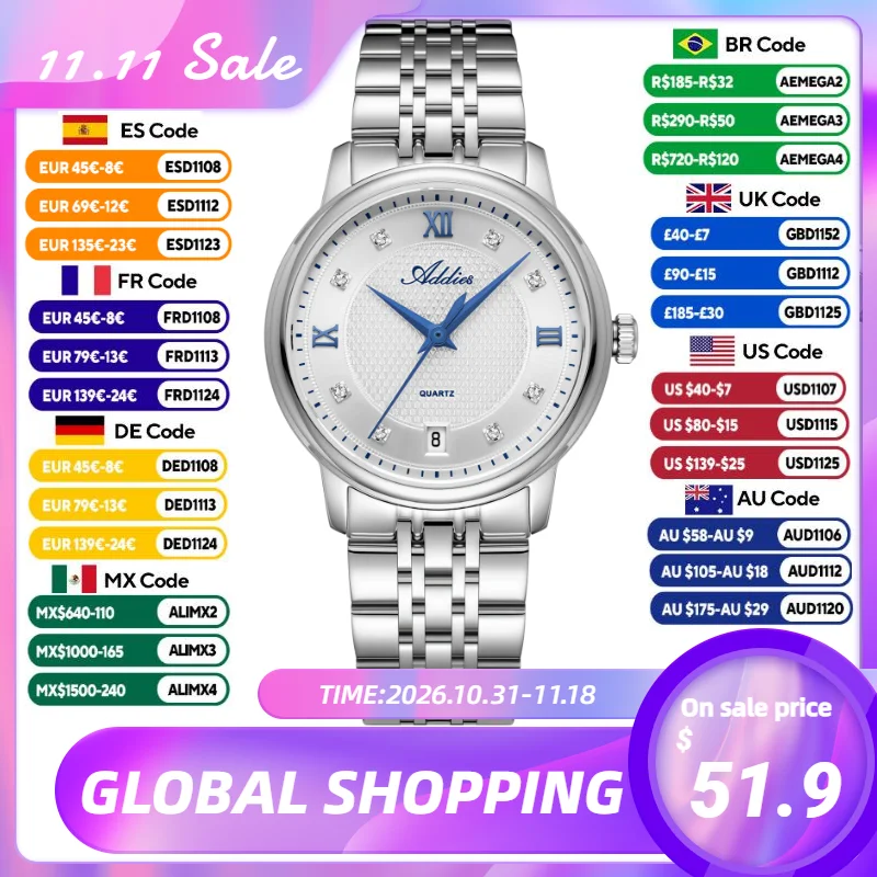 ADDIES AW25913 Women Luxury Quartz Watch Sapphire Crystal Date Diamond Dial Woman Watch Stainless Steel Waterproof Wristwatch