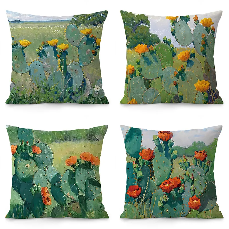 Vintage Blooming Cactus Velvet Cushion European Sofa Living Room Waist Pillow