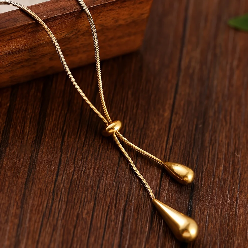 Adjustable Snake Chain Double Waterdrop Tassel Necklace 316L Stainless Steel Vintage Gold Minimalist Pull Long Collarbone Jewelr