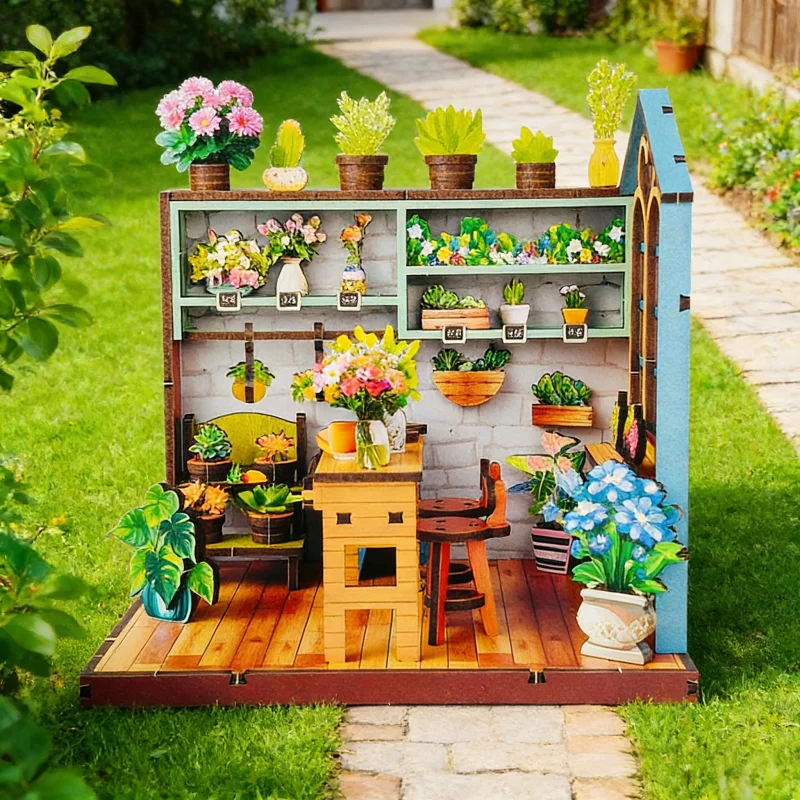 OUZEY Floral Art Shop Book Nook, drewniana miniatura 3D do samodzielnego montażu, kreatywny prezent na biurko dla nastolatków