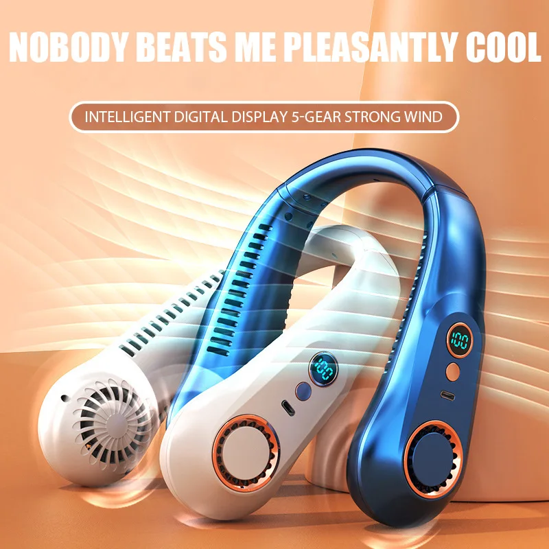 Outdoors Portable Mini Hanging Neck Fan Bladeless Neckband Fan Digital Display Power Air Cooler USB Rechargeable Electric Fans