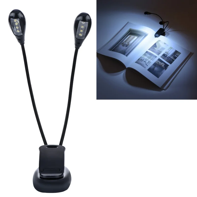 Clip On Music Stand Book Reading Mini Double Adjustable Arms Light LED Lamp
