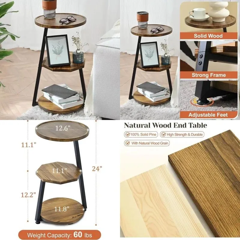 Modern Solid Wood Side Table Natural Brown Small Round End Table for Living Room Simple Bedside Nightstand Home Decoration