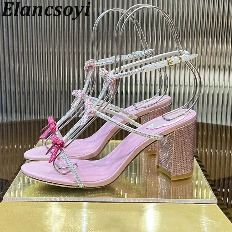 Banquet Shoes Crystal Bow Decor Peep Toe Chunky Heels Sandalias  Thin Strap Design Square Heels Sandals Women Summer Party Shoes