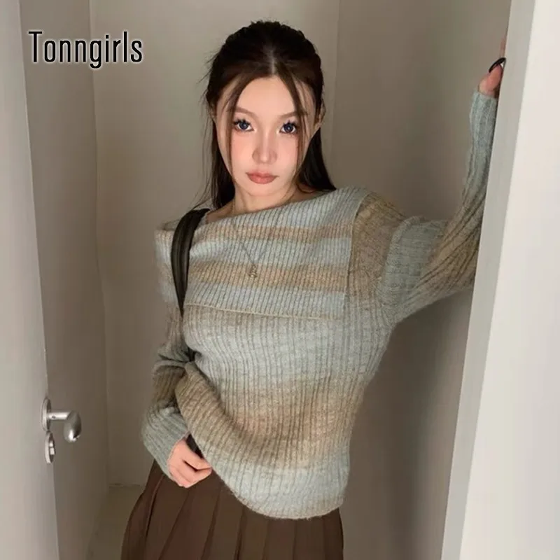 TonnGirls-女性のオフショルダータイダイセーター、暖かいカシミアプルオーバー、グランジセリンコージャンパー、冬のストリートウェア、韓国スタイル