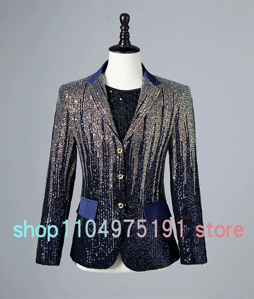 Luxury Gradient blue sequin leisure men's suit jacket, Shining dance outfit High Quality Wedding Party Dress Celebrity Gowns