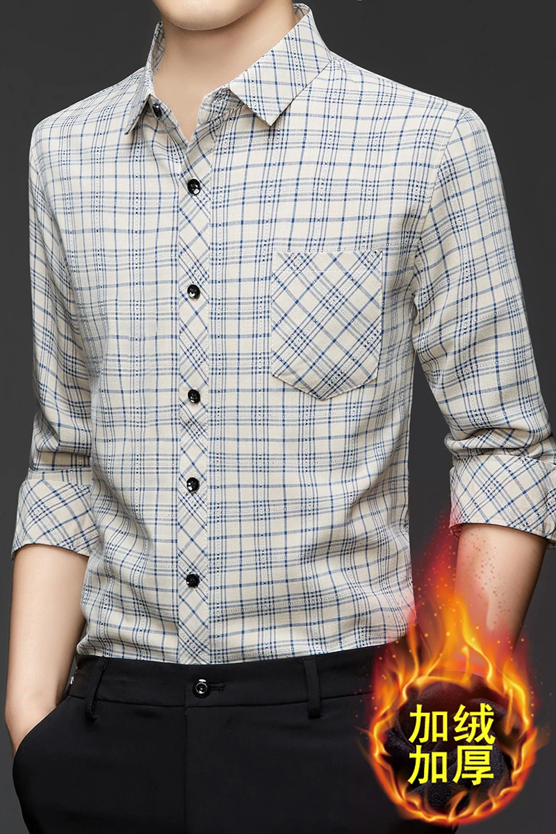 الخريف والشتاء القطن والكتان منقوشة قميص مخملي بأكمام طويلة الأعمال عادية لا الكي الربيع قميص رجالي