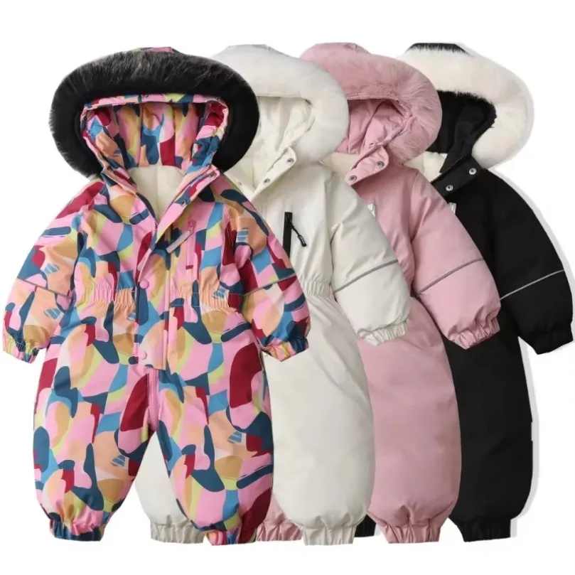 2-5Y Winter Kid's Ski Suit Polar Fleece Lining Girls Jumpsuit Boys Waterproof New Warm Overalls Children's Hooded Sportwear