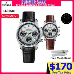 Cronos Chronograph Quartz Men Watch Miyota S620 Black&White Panda Dial Sapphire 10 ATM Tachymetre Leather Strap