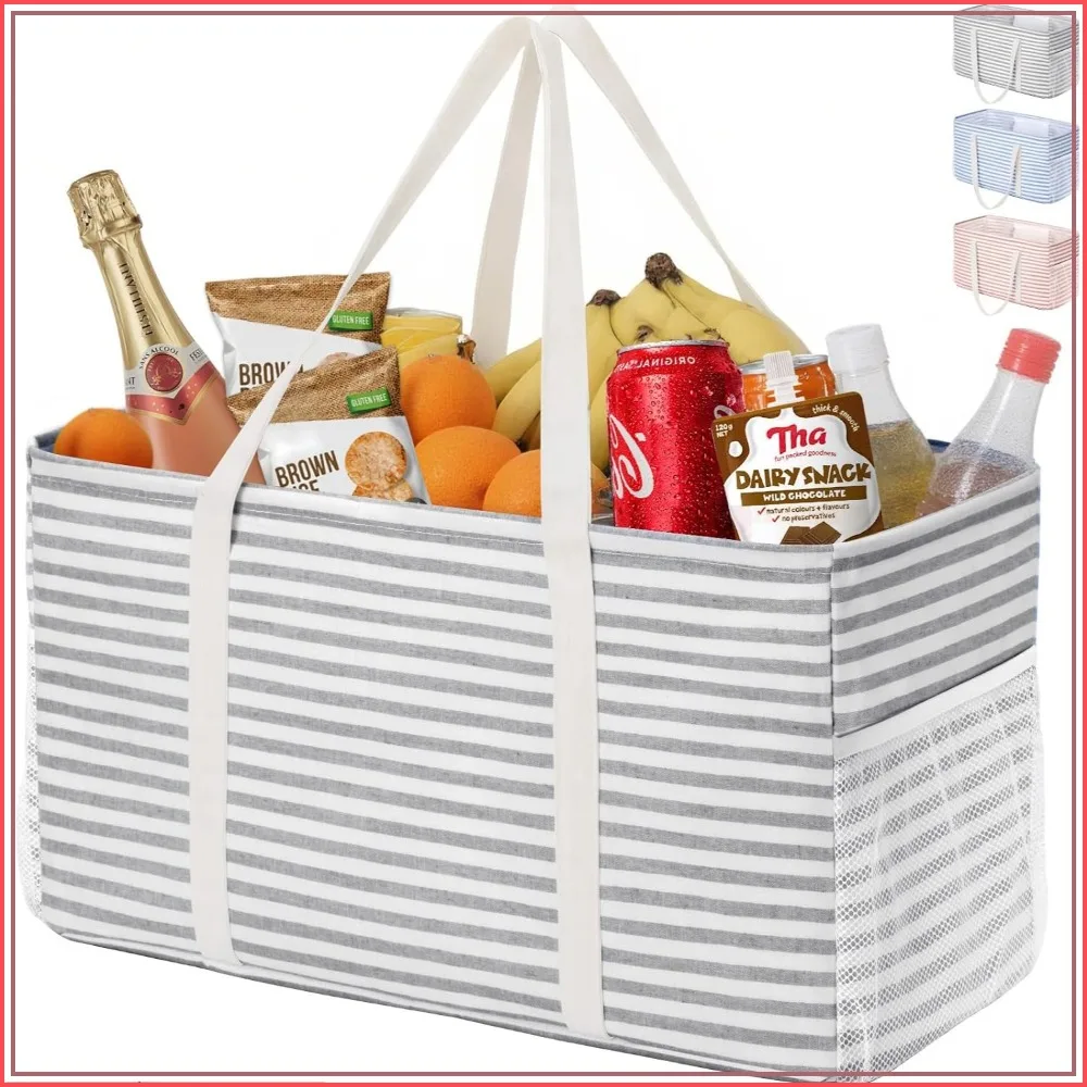 Large Tote Bag with Metal Frame, Reusable Shopping Bags for Groceries