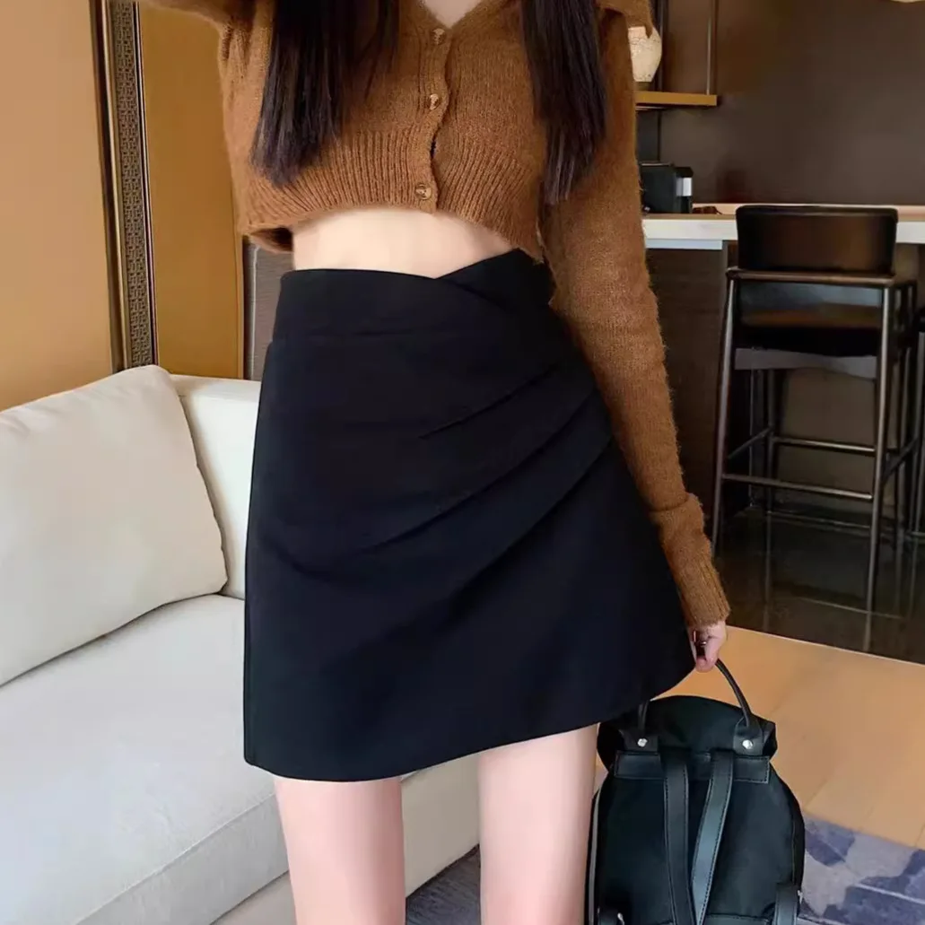 

High Waist Pure Color A-Line Skirt for Women Autumn Winter New Style Pleated Bodycon Short Skirt Girl's Fashion