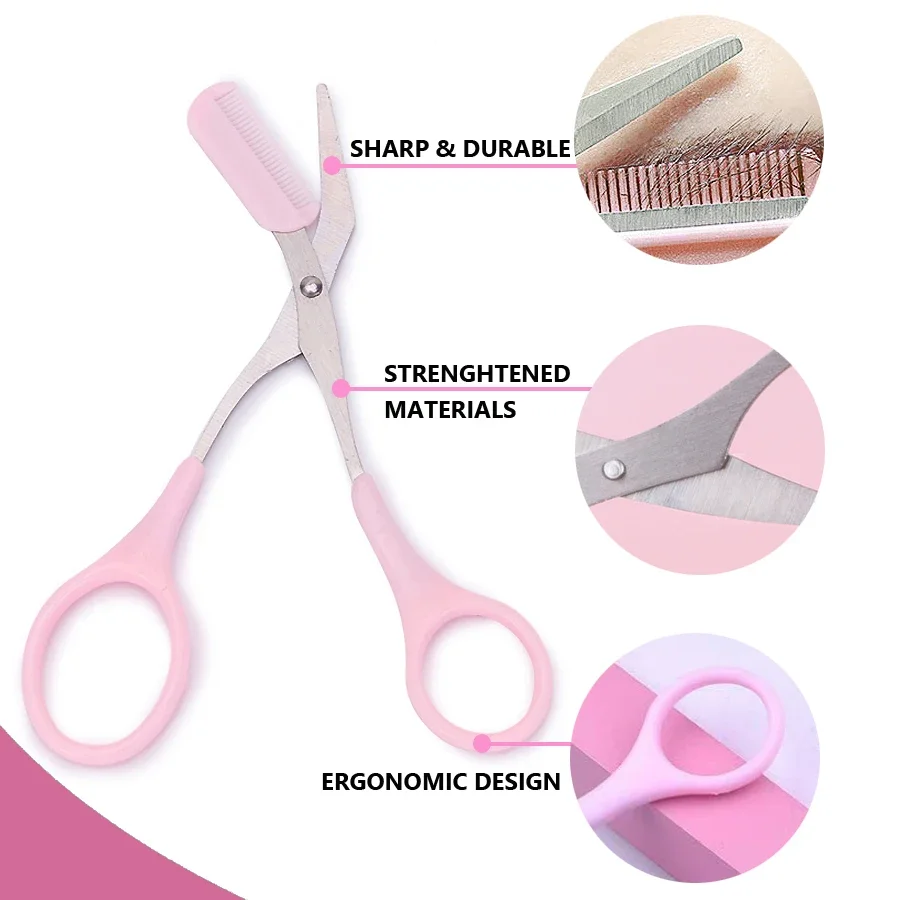 Tijera de afeitar para cejas rosa, recortadora segura antiarañazos de acero inoxidable para principiantes, herramienta de belleza afilada de media luna
