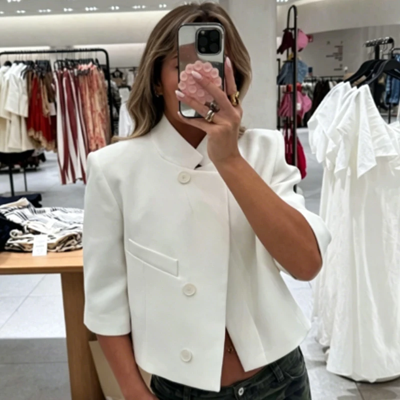 HXAO Crop Weiße Jacken Damenjacke Frühling Sommer 2026 Asymmetrische Knopfleiste Kurzarm-Oberbekleidung Schicke Streetwear Blazer für Frauen – Detail 7
