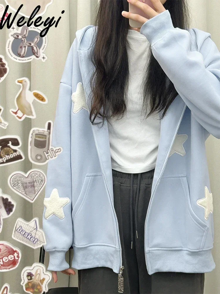 

Oversize Cute Hooded Hoodie Coat Woman Student 2024 Spring Autumn New Korean Style Sweet Women Blue Star Wings Swesrshirt Jacket