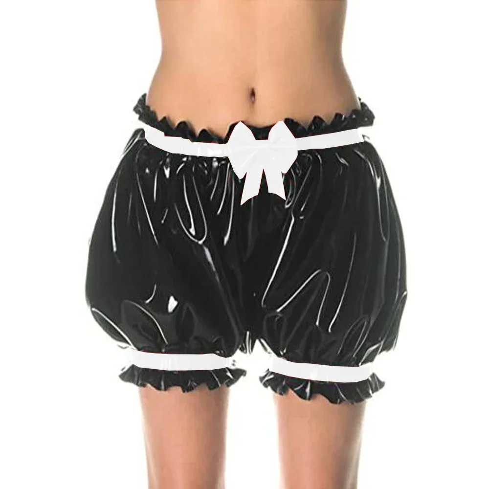 Sissy Gothic Lolita Shorts Vinyl PVC Leather Elastic Waist Bow Shorts Pants Trim Loose Bloomers Vintage Victorian Pumpkin Shorts